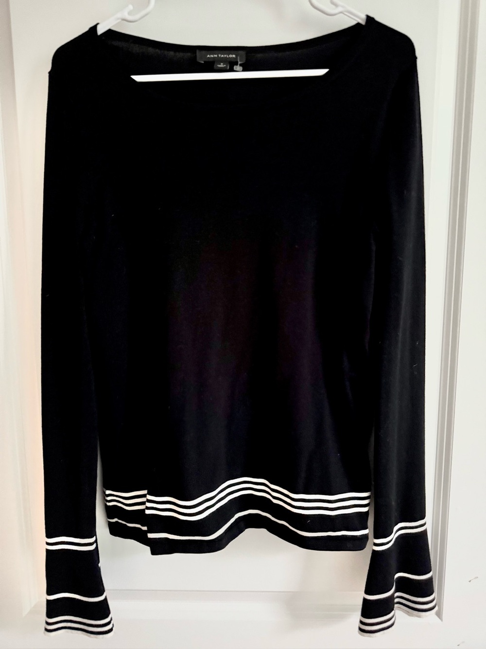 Ann Taylor Black Striped Trim Sweater - Bell Sleeve M